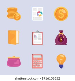 conjunto de nueve iconos de conjuntos de gestión de ahorros diseño de ilustraciones vectoriales