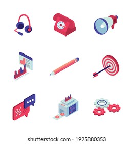 bundle of nine social media isometric set icons vector illustration design