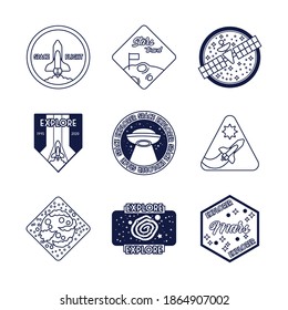 bundle of nine space badges line style icons vector illustration design