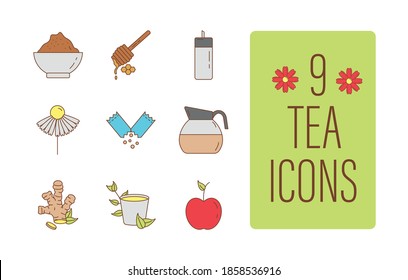 bundle of nine tea set fill style icons vector illustration design