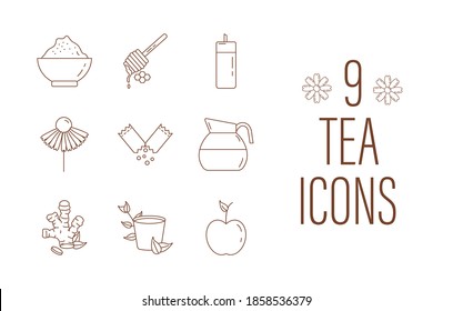 bundle of nine tea set line style icons vector illustration design