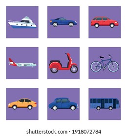 bundle of nine transport vehicles set icons vector illustration design