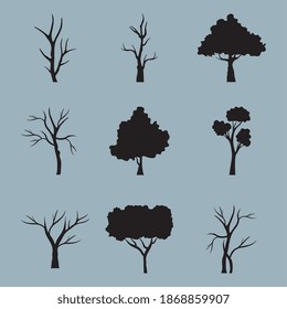 bundle of nine trees forest silhouette style icons in blue background vector illustration design