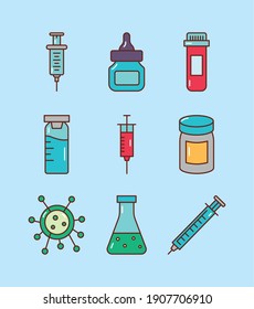 bundle of nine vaccine set collection flat style icons vector illustration design