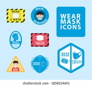 bundle of nine wear mask advertise labels vector illustration design
