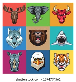 bundle of nine wild animals heads characters vector illustration design