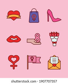 bundle of nine womens day set icons vector illustration design