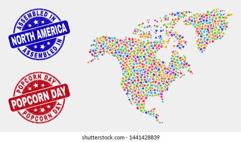 Bundle North America map and blue Assembled seal stamp, and Popcorn Day scratched stamp. Bright vector North America map mosaic of bundle components. Red round Popcorn Day seal.