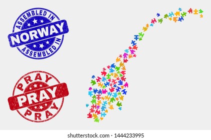 Bundle Norway map and blue Assembled seal stamp, and Pray scratched stamp. Bright vector Norway map mosaic of bundle connectors. Red round Pray imprint.