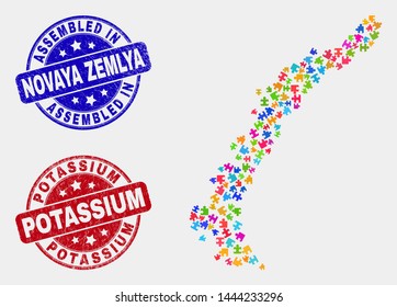 Bundle Novaya Zemlya Islands map and blue Assembled seal, and Potassium distress seal. Bright vector Novaya Zemlya Islands map mosaic of plugin components. Red rounded Potassium seal.