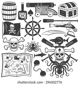 Bundle Objects For Design Pirate Logo, Emblem With A Skull, An Anchor, Shark, Octopus, Oars. Jolly Roger.