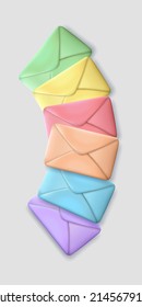 Bundle on colorful envelopes in cartoon style. 3d rendering closed paper letters isolated on white background.