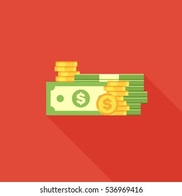 A bundle on dollar bank notes and a pile of coins flat design isolated, vector illustration