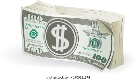 Bundle of one hundred dollar bills on white background. Vector illustration