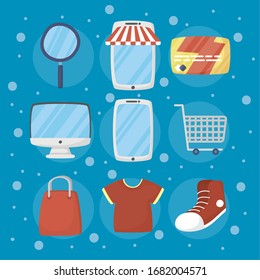 bundle of online shopping technology icons vector illustration design