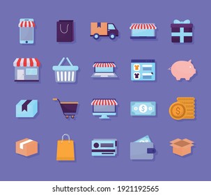bundle of online store icons on a purple background vector illustration design