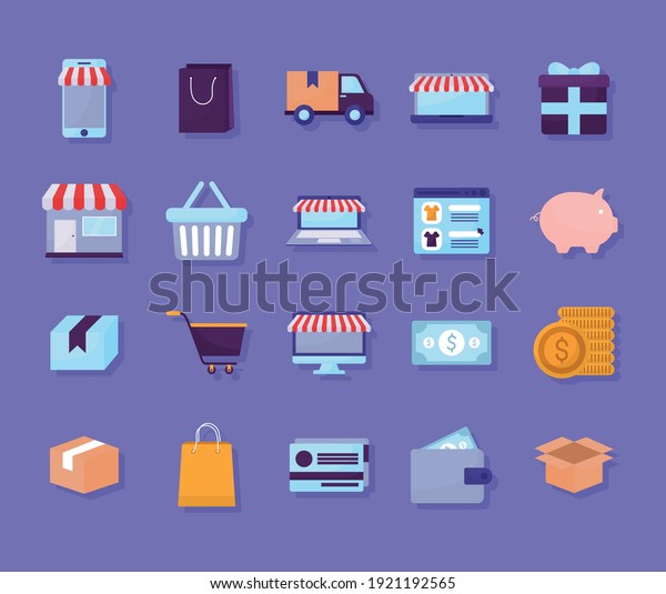 Bundle Online Store Icons On Purple Stock Vector (Royalty Free