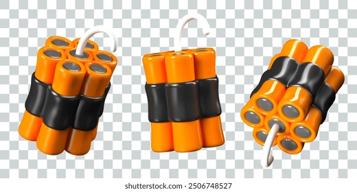 Bundle of orange dynamite sticks with ignition cord. Vector realistic model