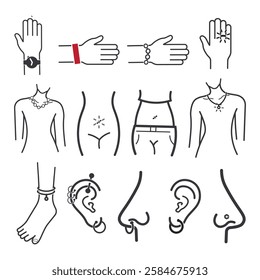 Bundle outline icon set jewelry on hand, finger, ring, watch bracelet, necklace, piersing on body parts