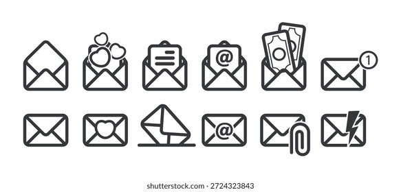Ícone de estrutura de tópicos do pacote definir e-mail, e-mail, envelope, carta de amor, e-mail em dinheiro e outros