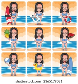 bundle pack cute cartoon character of girl in the beach summer vector illustration