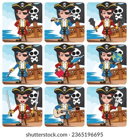 bundle pack cute cartoon character of pirate vector illustration