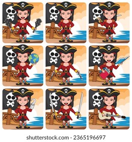 Bundpack cute Cartoon Charakter der Lady Pirat Vektorgrafik