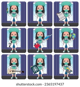 paquete de paquetes lindo personaje de dibujos animados de doctora chica ilustración vectorial