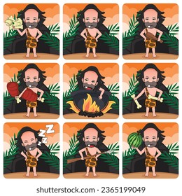 bundle pack cute cartoon character of ancient human vector illustration