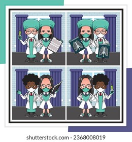 bundle pack cute cartoon character of doctor vector illustration