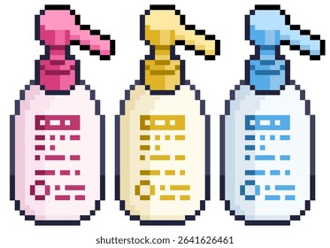 Bundle pack of liquid soap and shampoo for the bathroom in pink, yellow and blue color with fragrance vector pixel art for sticker, icon, element, game