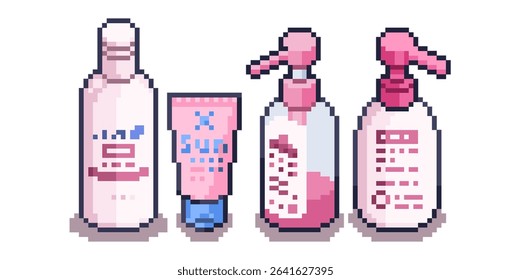 Bundle pack of liquid soap, shampoo, conditioner and sunscreen for the bathroom in pink with  good smell fragrance vector pixel art for sticker, icon, element, game