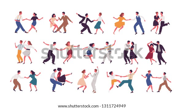 白い背景 にダンサーの束 リンディ ホップやスイングを踊る男女のセット 学校やパーティーで踊る男女の漫画のキャラクター ベクターイラスト のベクター画像素材 ロイヤリティ フリー