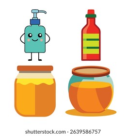Bundle of pantry and hygiene essentials including miso paste, honey jar, hand sanitizer, and harissa bottle. Ideal for culinary, health, and lifestyle themes. High-resolution image.