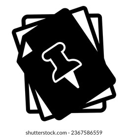 Bundle of paper sheets, page with push pin solid icon, documents concept, office notes vector sign on white background, glyph style icon for mobile concept and web design. Vector graphics