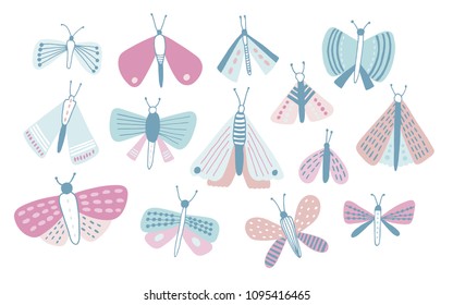 Bundle of pastel colored cartoon moths of different types and sizes isolated on white background. Set of nocturnal flying insects with beautiful wings, butterflies. Colored vector illustration