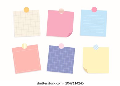 Bundle of pastel cute colorful paper note. Blank sticky note for message. Piece of different colored memo note template for reminder, announcement, advertising, information. Flat vector illustration.