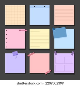 Bundle of pastel cute colorful paper note with pin, clips, and paper grid. Piece of different colored memo note template for reminder, announcement, advertising, information. Flat vector illustration.