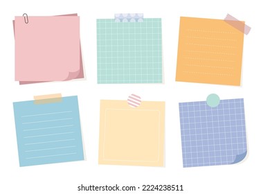 Bundle of pastel cute colorful paper note. Blank sticky note for message. Piece of different colored memo note template for reminder, announcement, advertising, information. Flat vector illustration.