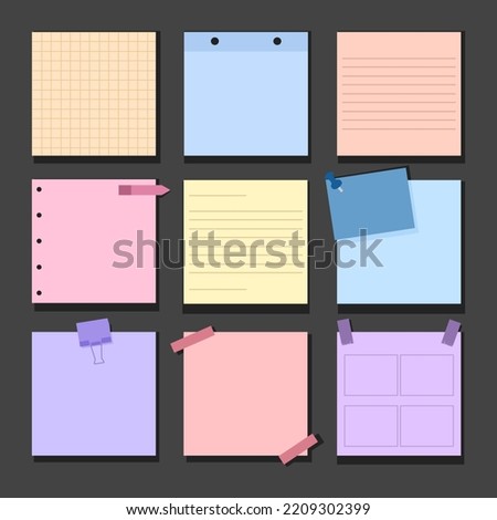 Bundle of pastel cute colorful paper note with pin, clips, and paper grid. Piece of different colored memo note template for reminder, announcement, advertising, information. Flat vector illustration.