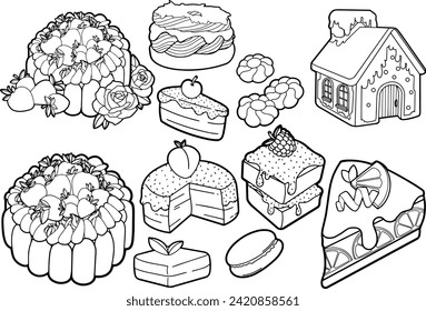 Bundle of pastry, cakes, teatime desserts - Strawberry Shortcake, Paris-Brest, macaron, cheesecake, souffle, lemon pie, gingerbread house, biscuits