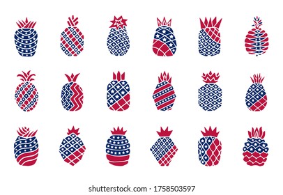 Bundle of Patriotic pineapple icons isolated on white background. Symbol 4th of July. American Flag. Set Pineapple silhouette, stamp, tattoo for Independence Day. T-shirt design. Vector illustration.