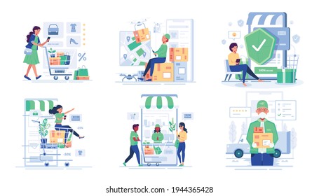 bundle pattern with man and woman enjoy shopping online in cartoon character style, design flat vector illustration