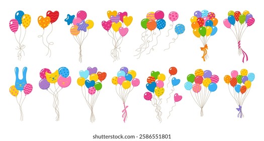 Bundle patterned balloons set illustration. Cartoon various shaped and patterns bunches of balloons. Colorful birthday celebration, festivities party decorations, greeting children card vector design