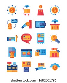 conjunto de iconos de conjuntos en línea de pago diseño de ilustración vectorial