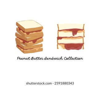 Bundle of peanut butter and jelly. Food illustration collection of peanut butter jelly and sandwich on white background. Food illustration on hand drawn style