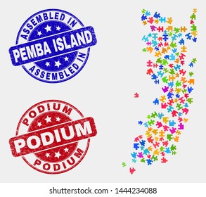 Bundle Pemba island map and blue Assembled stamp, and Podium scratched stamp. Bright vector Pemba island map mosaic of bundle connectors. Red round Podium seal.