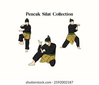 Bundle of Pencak Silat Indonesian martial art. Collection of Pencak Silat Indonesian martial art on various style and gesture on white background. Pencak Silat illustration on hand drawn style