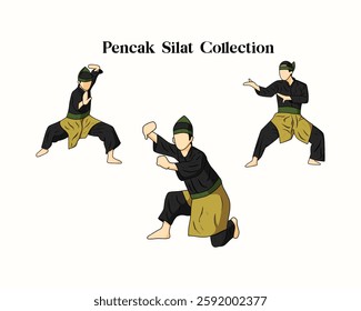 Bundle of Pencak Silat Indonesian martial art. Collection of Pencak Silat Indonesian martial art on various style and gesture on white background. Pencak Silat illustration on hand drawn style