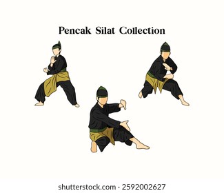 Bundle of Pencak Silat Indonesian martial art. Collection of Pencak Silat Indonesian martial art on various style and gesture on white background. Pencak Silat illustration on hand drawn style